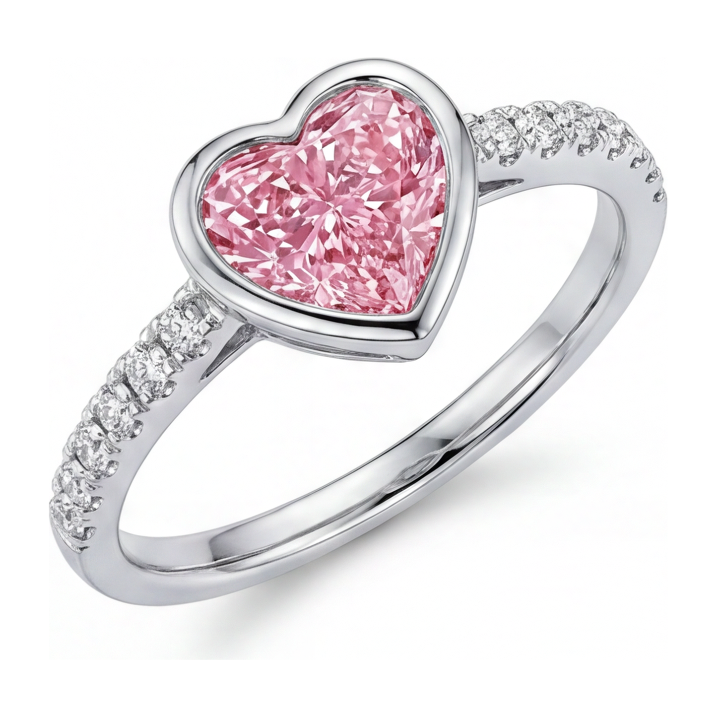 2 Carat Heart Pink Lab Grown Diamond and White Diamond Bezel Ring 14K White Gold