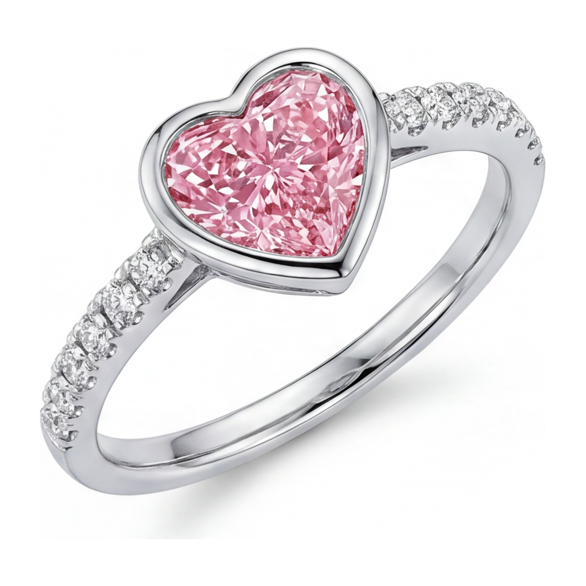 2 Carat Heart Pink Lab Grown Diamond and White Diamond Bezel Ring 14K White Gold