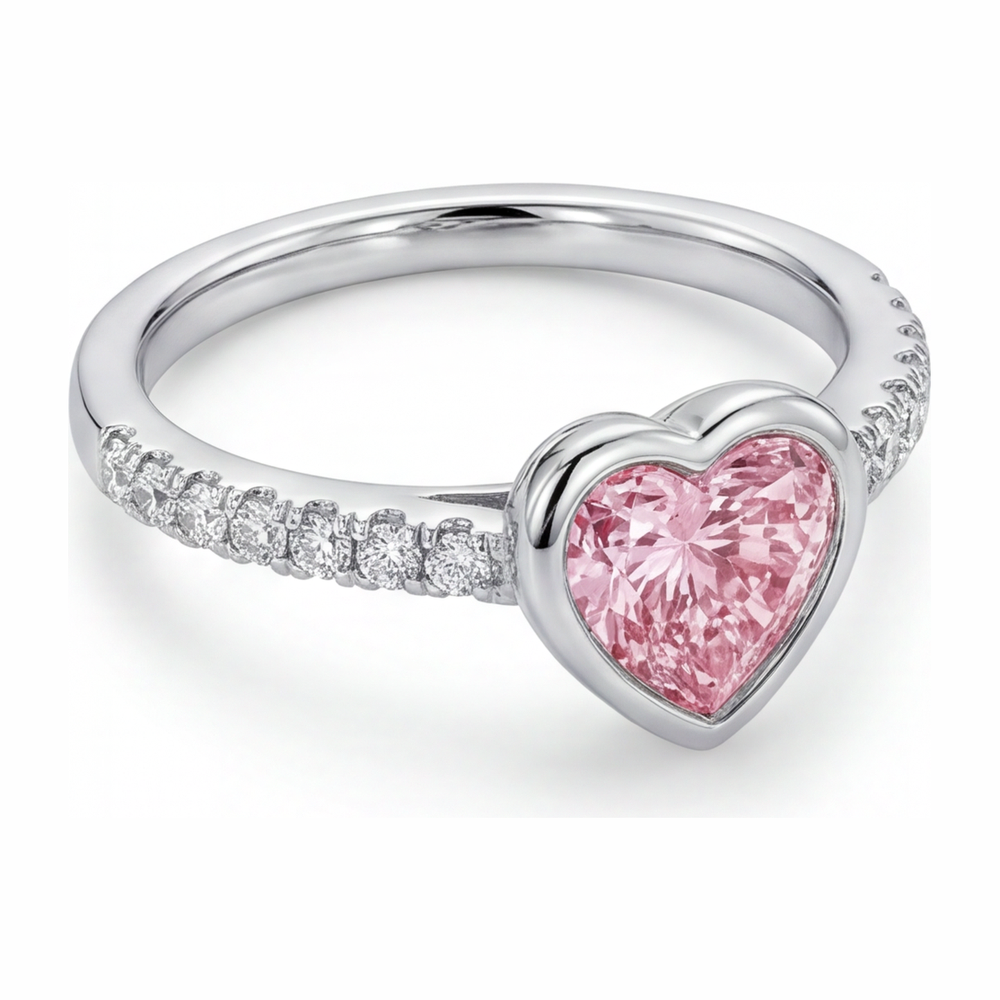 2 Carat Heart Pink Lab Grown Diamond and White Diamond Bezel Ring 14K White Gold