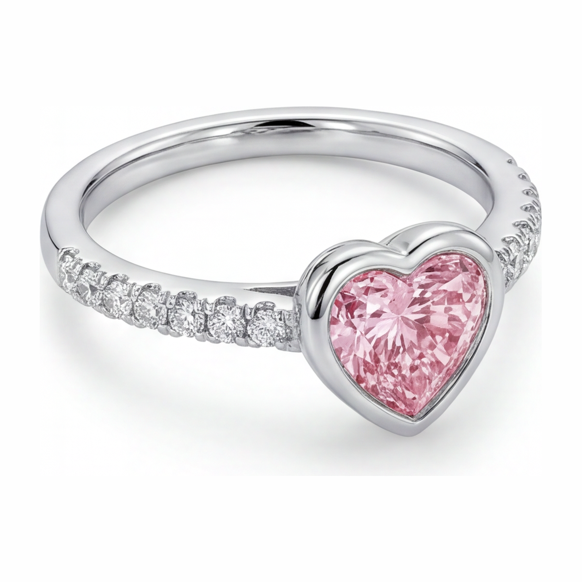 2 Carat Heart Pink Lab Grown Diamond and White Diamond Bezel Ring 14K White Gold