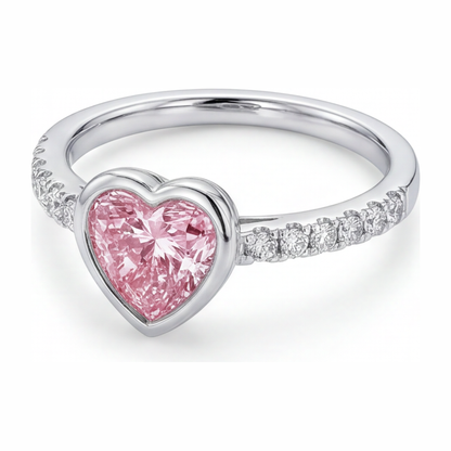 2 Carat Heart Pink Lab Grown Diamond and White Diamond Bezel Ring 14K White Gold