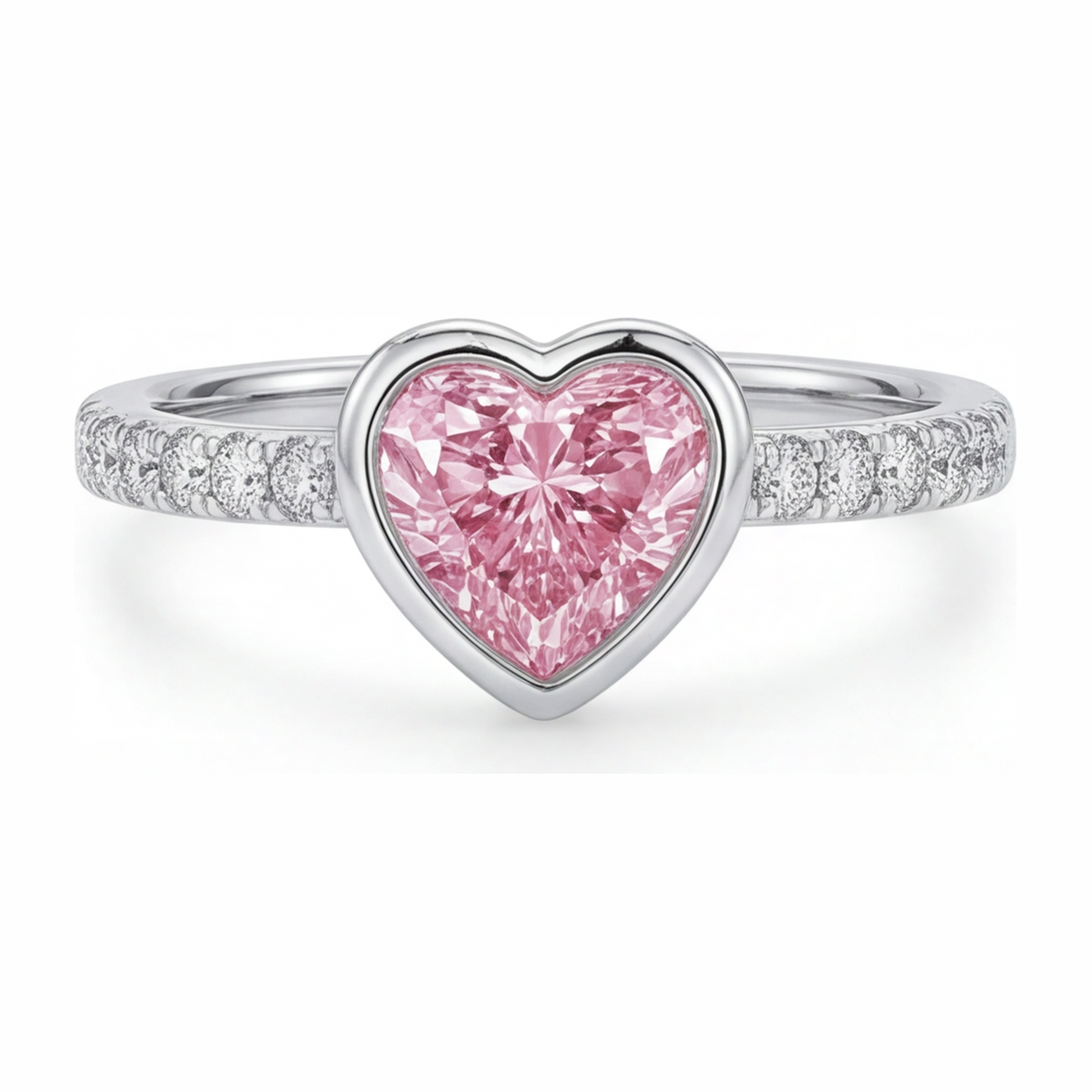 2 Carat Heart Pink Lab Grown Diamond and White Diamond Bezel Ring 14K White Gold