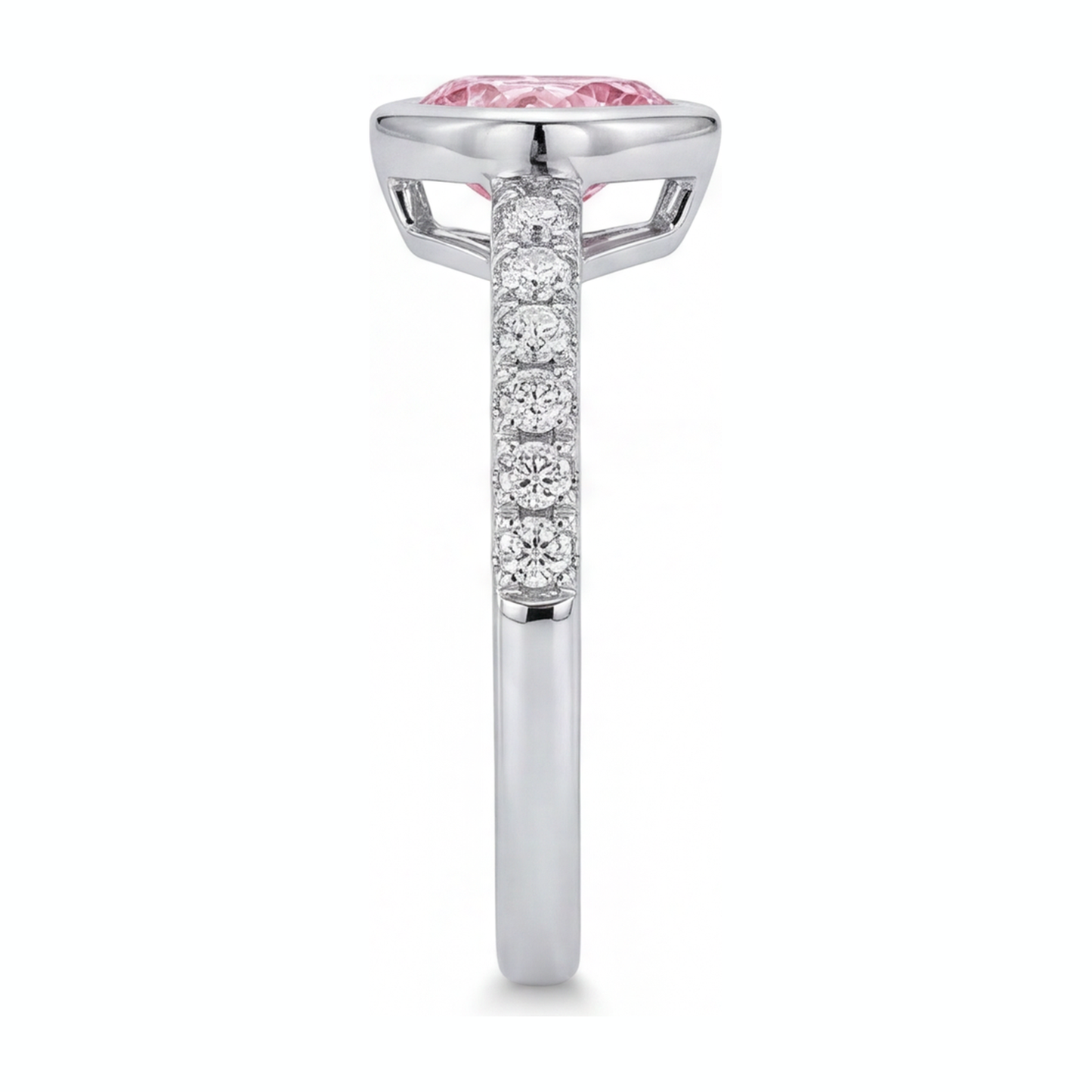 2 Carat Heart Pink Lab Grown Diamond and White Diamond Bezel Ring 14K White Gold