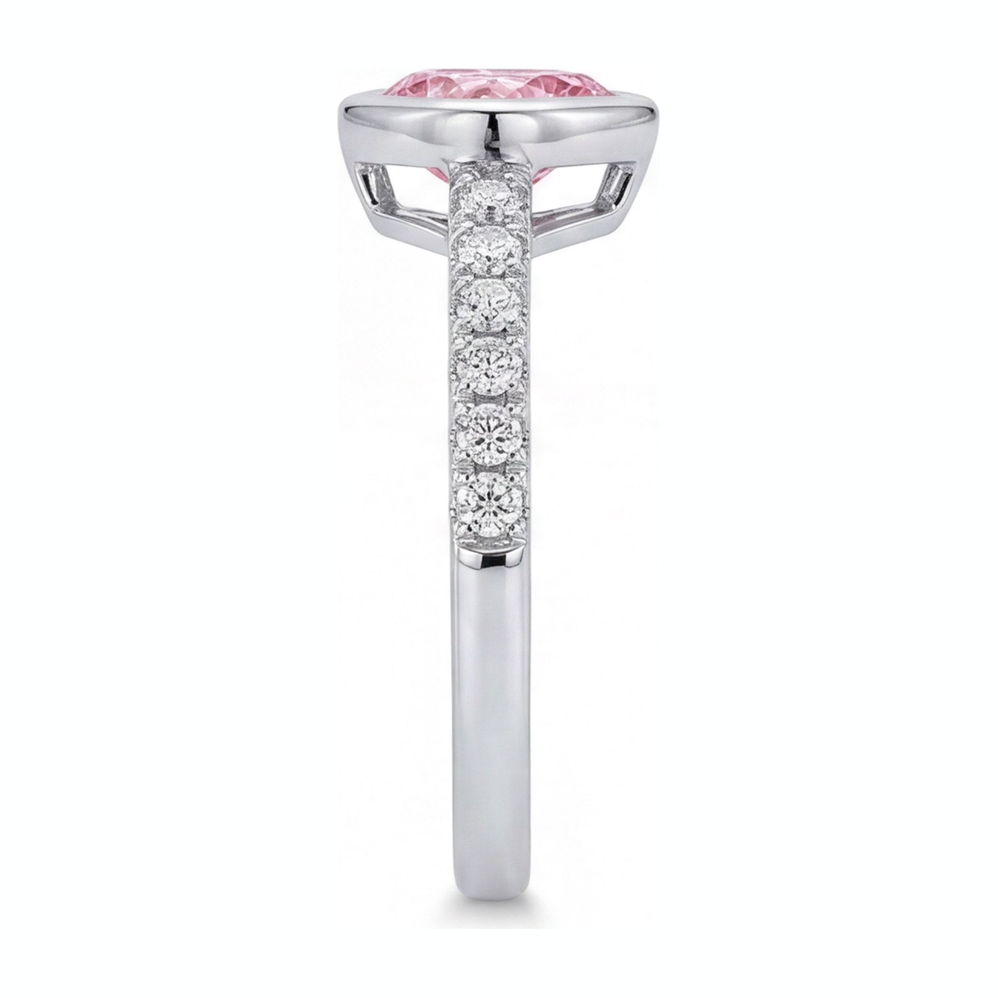 2 Carat Heart Pink Lab Grown Diamond and White Diamond Bezel Ring 14K White Gold