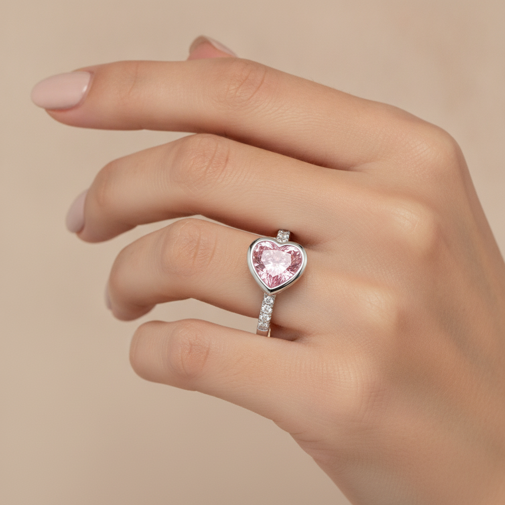 2 Carat Heart Pink Lab Grown Diamond and White Diamond Bezel Ring 14K White Gold worn