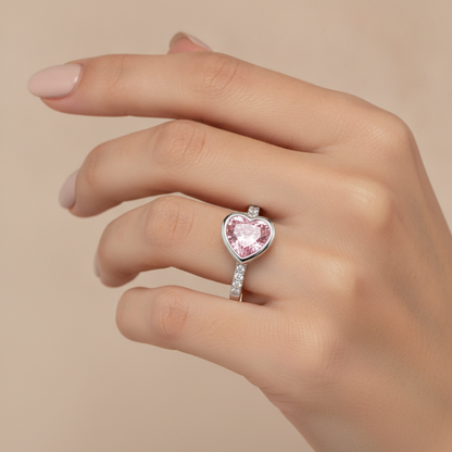 2 Carat Heart Pink Lab Grown Diamond and White Diamond Bezel Ring 14K White Gold worn