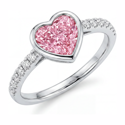 2 Carat Heart Pink Lab Grown Diamond and White Diamond Bezel Ring 14K White Gold