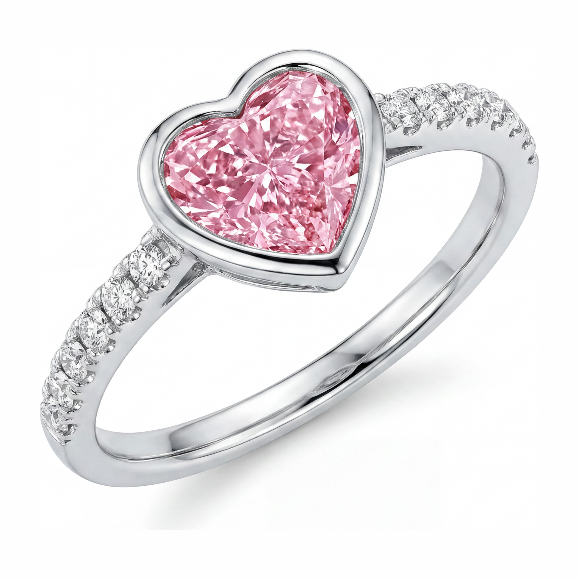2 Carat Heart Pink Lab Grown Diamond and White Diamond Bezel Ring 14K White Gold