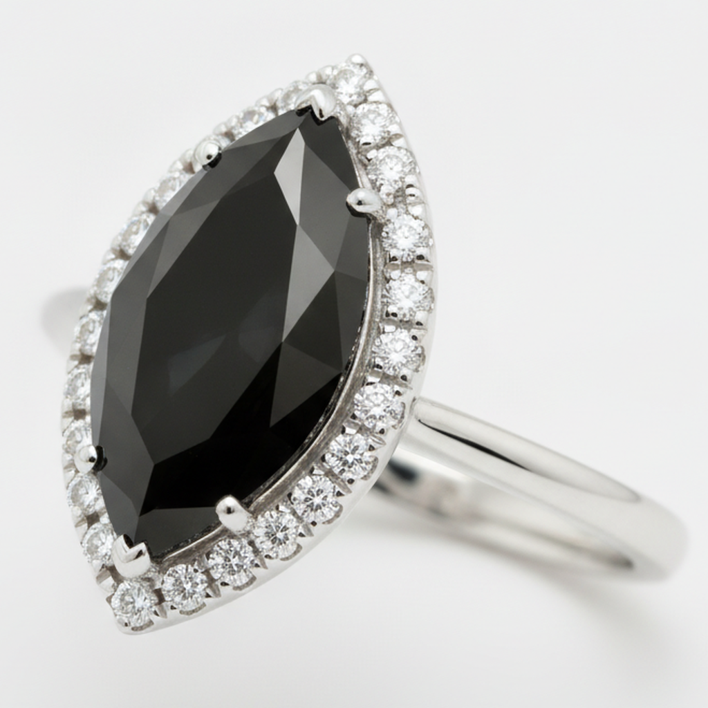 2 Carat Marquise Black Diamond and White Diamond Halo Ring Natural 14K White Gold