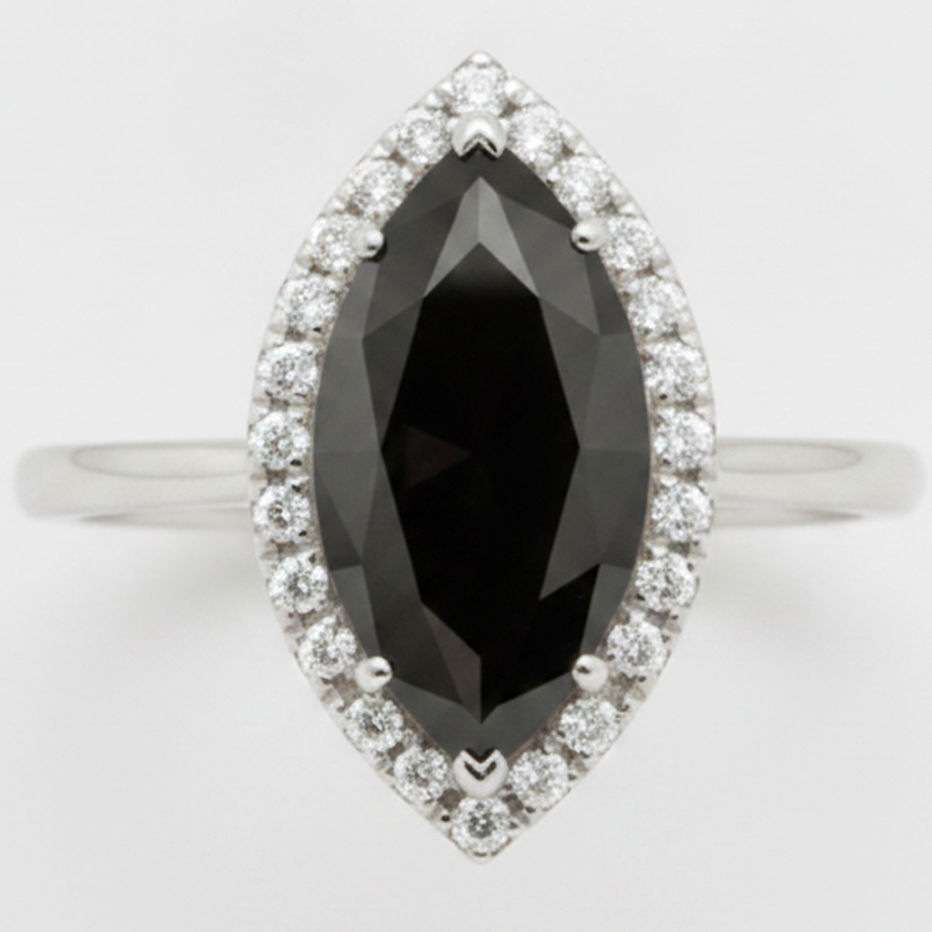 2 Carat Marquise Black Diamond and White Diamond Halo Ring Natural 14K White Gold