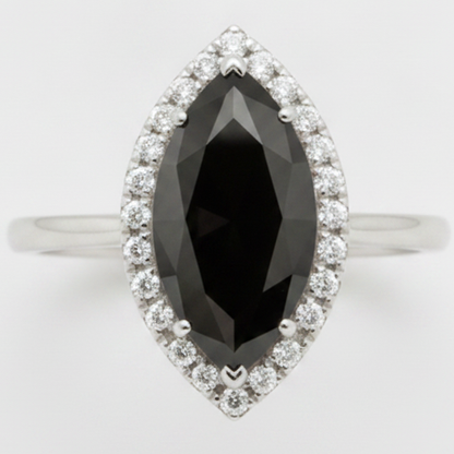 2 Carat Marquise Black Diamond and White Diamond Halo Ring Natural 14K White Gold
