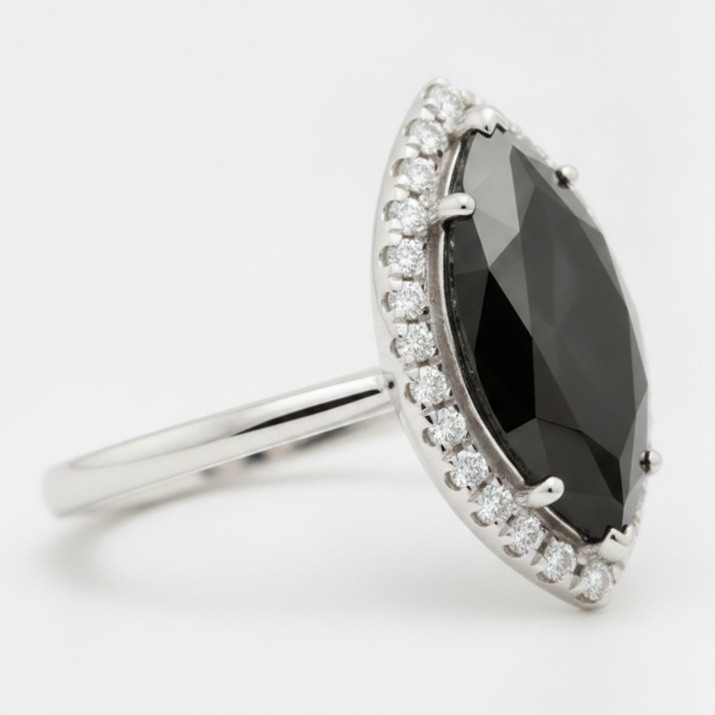 2 Carat Marquise Black Diamond and White Diamond Halo Ring Natural 14K White Gold