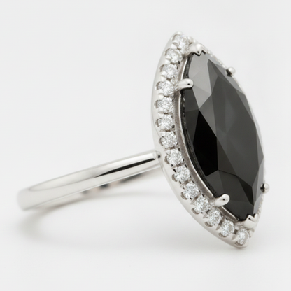 2 Carat Marquise Black Diamond and White Diamond Halo Ring Natural 14K White Gold