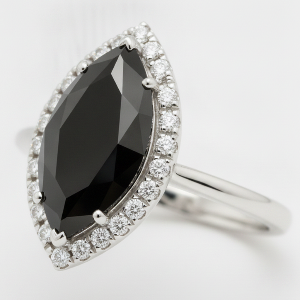 2 Carat Marquise Black Diamond and White Diamond Halo Ring Natural 14K White Gold