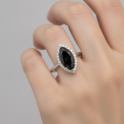 2 Carat Marquise Black Diamond and White Diamond Halo Ring Natural 14K White Gold