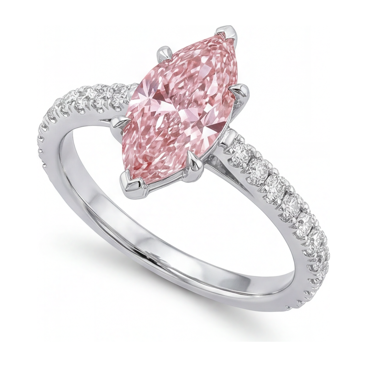 2 Carat Marquise Pink Lab Grown Diamond and White Diamond Pave Ring 14K White Gold