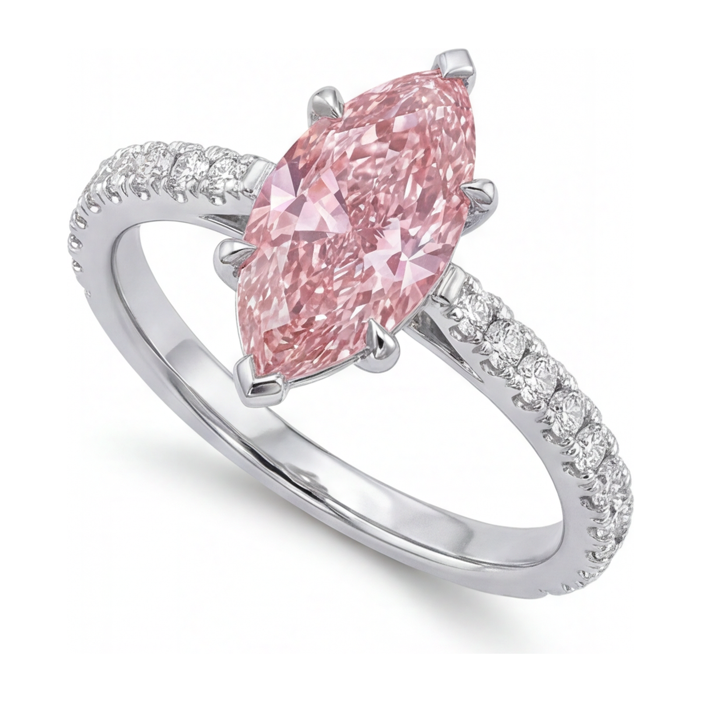 2 Carat Marquise Pink Lab Grown Diamond and White Diamond Pave Ring 14K White Gold