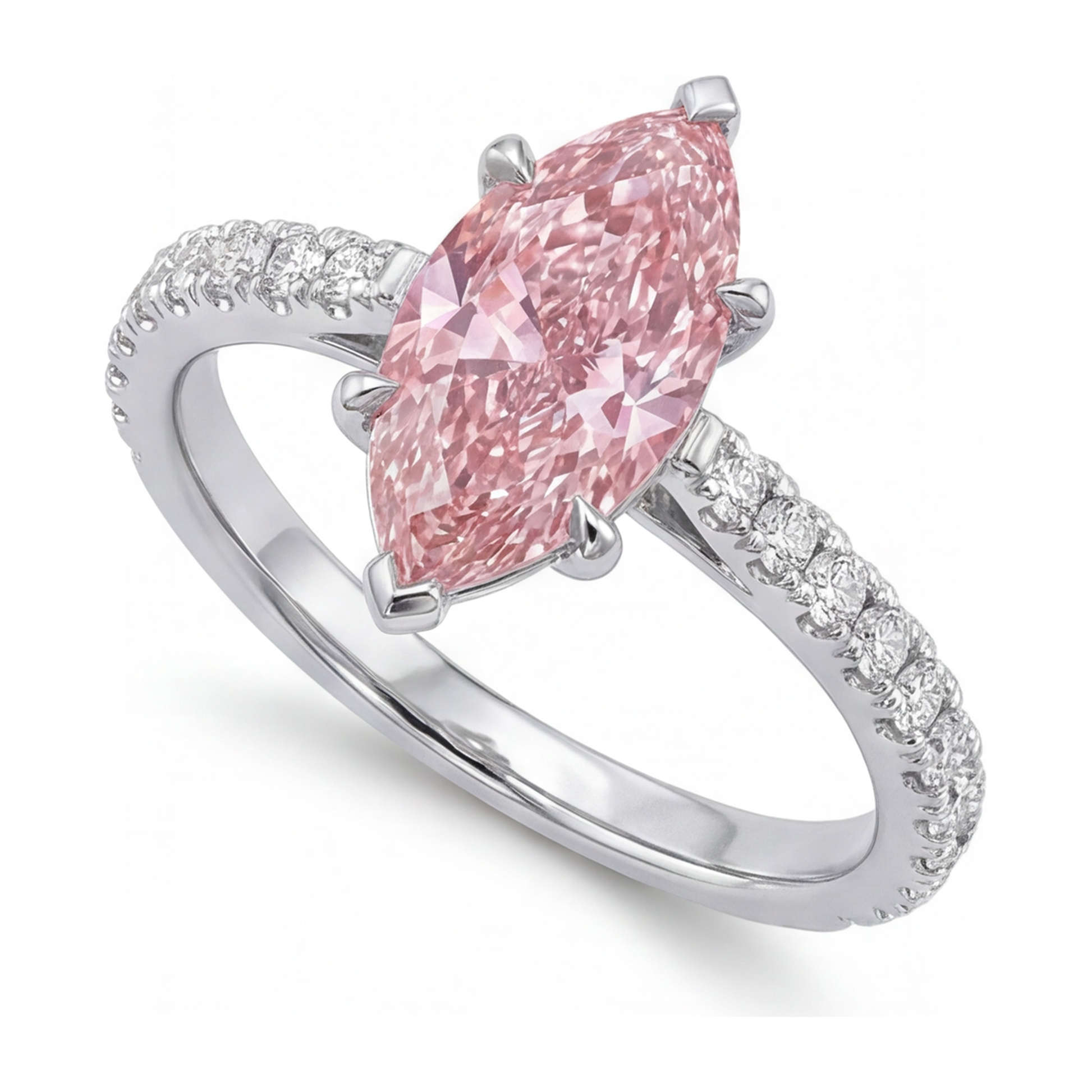 2 Carat Marquise Pink Lab Grown Diamond and White Diamond Pave Ring 14K White Gold