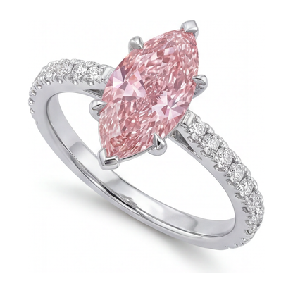 2 Carat Marquise Pink Lab Grown Diamond and White Diamond Pave Ring 14K White Gold