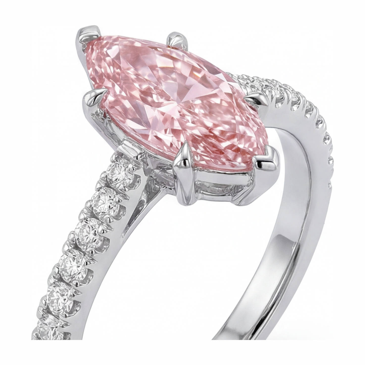2 Carat Marquise Pink Lab Grown Diamond and White Diamond Pave Ring 14K White Gold