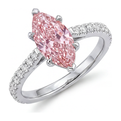 2 Carat Marquise Pink Lab Grown Diamond and White Diamond Pave Ring 14K White Gold
