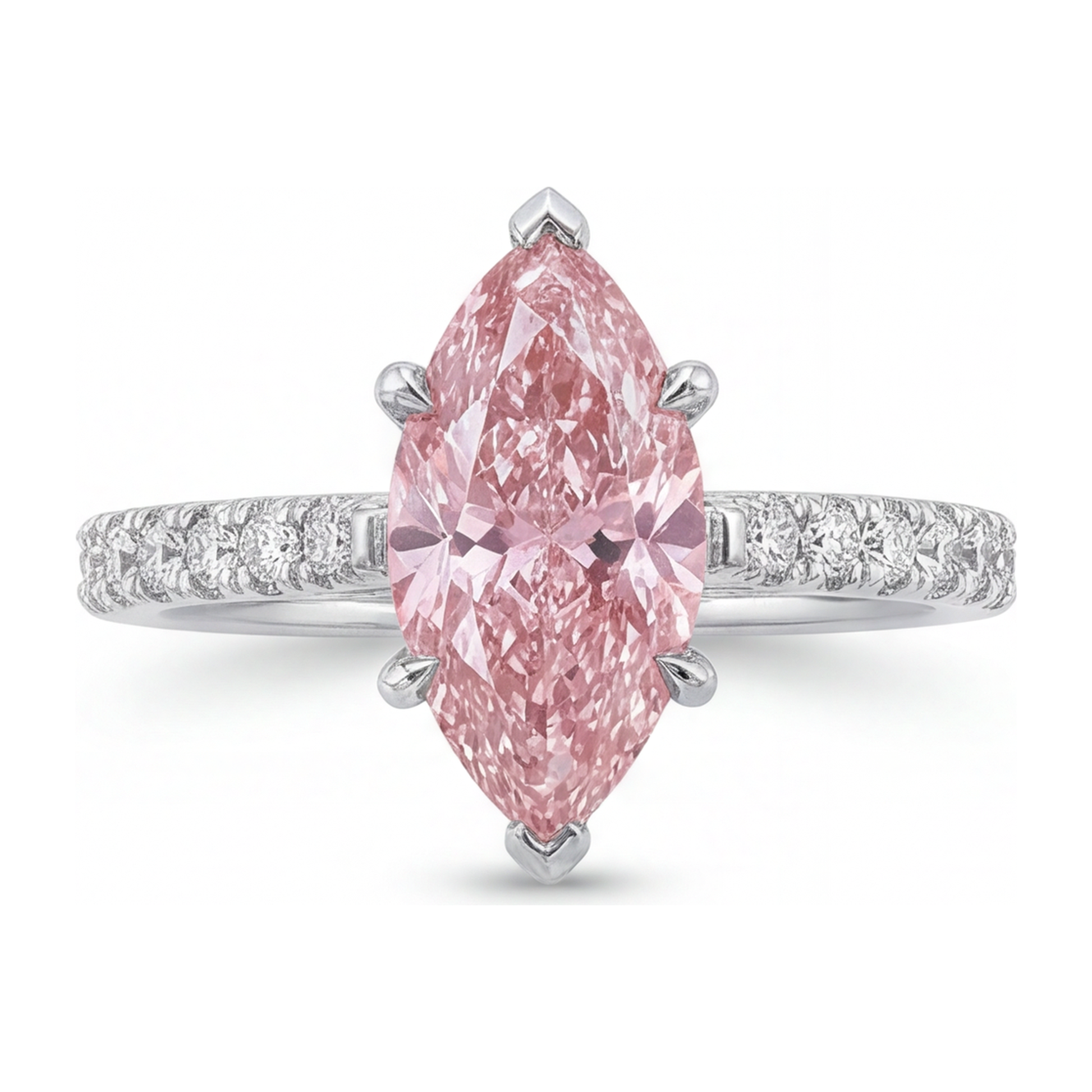 2 Carat Marquise Pink Lab Grown Diamond and White Diamond Pave Ring 14K White Gold