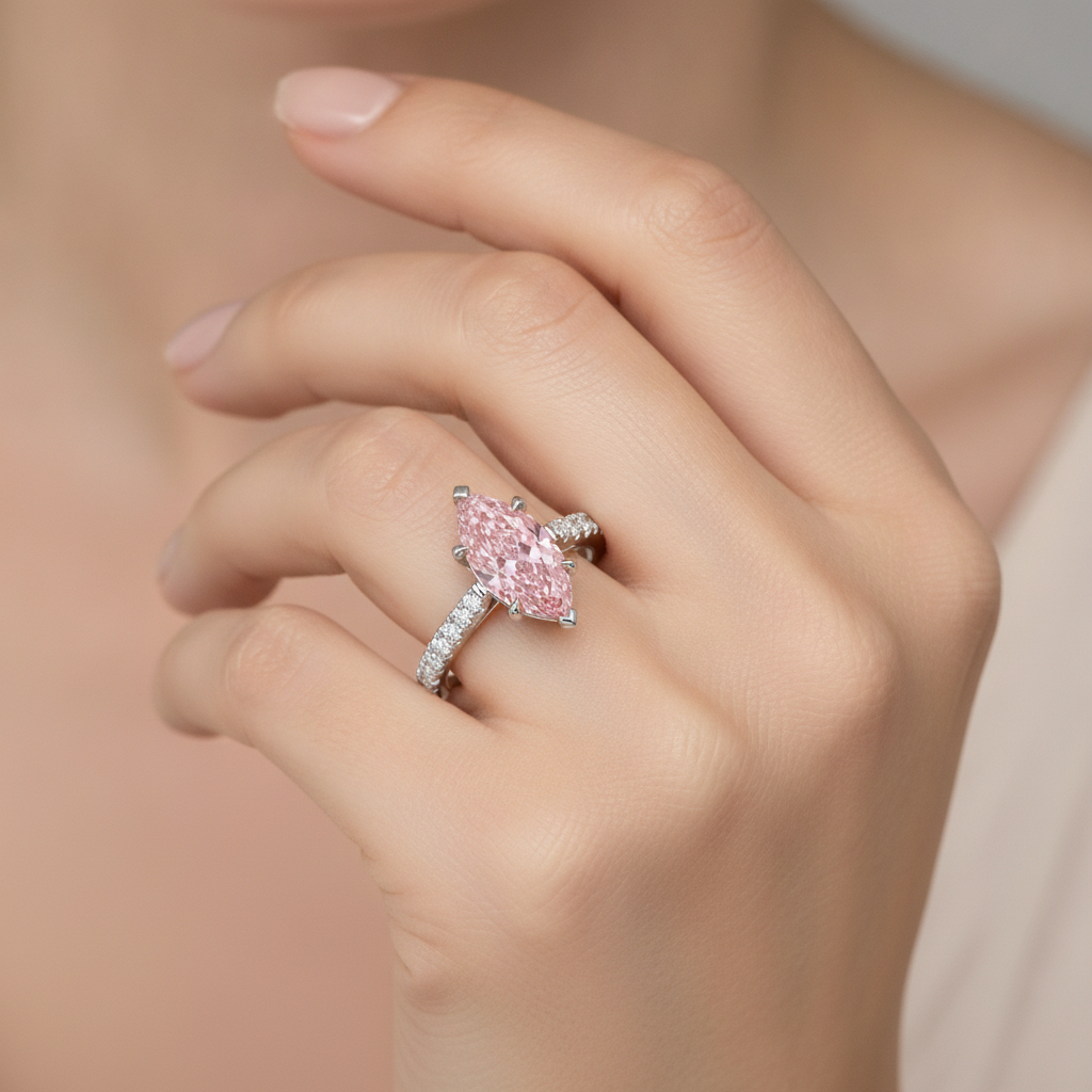 2 Carat Marquise Pink Lab Grown Diamond and White Diamond Pave Ring 14K White Gold worn