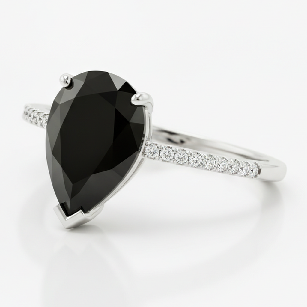 2 Carat Pear Black Diamond Solitaire Ring Natural 14K White Gold