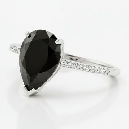 2 Carat Pear Black Diamond Solitaire Ring Natural 14K White Gold