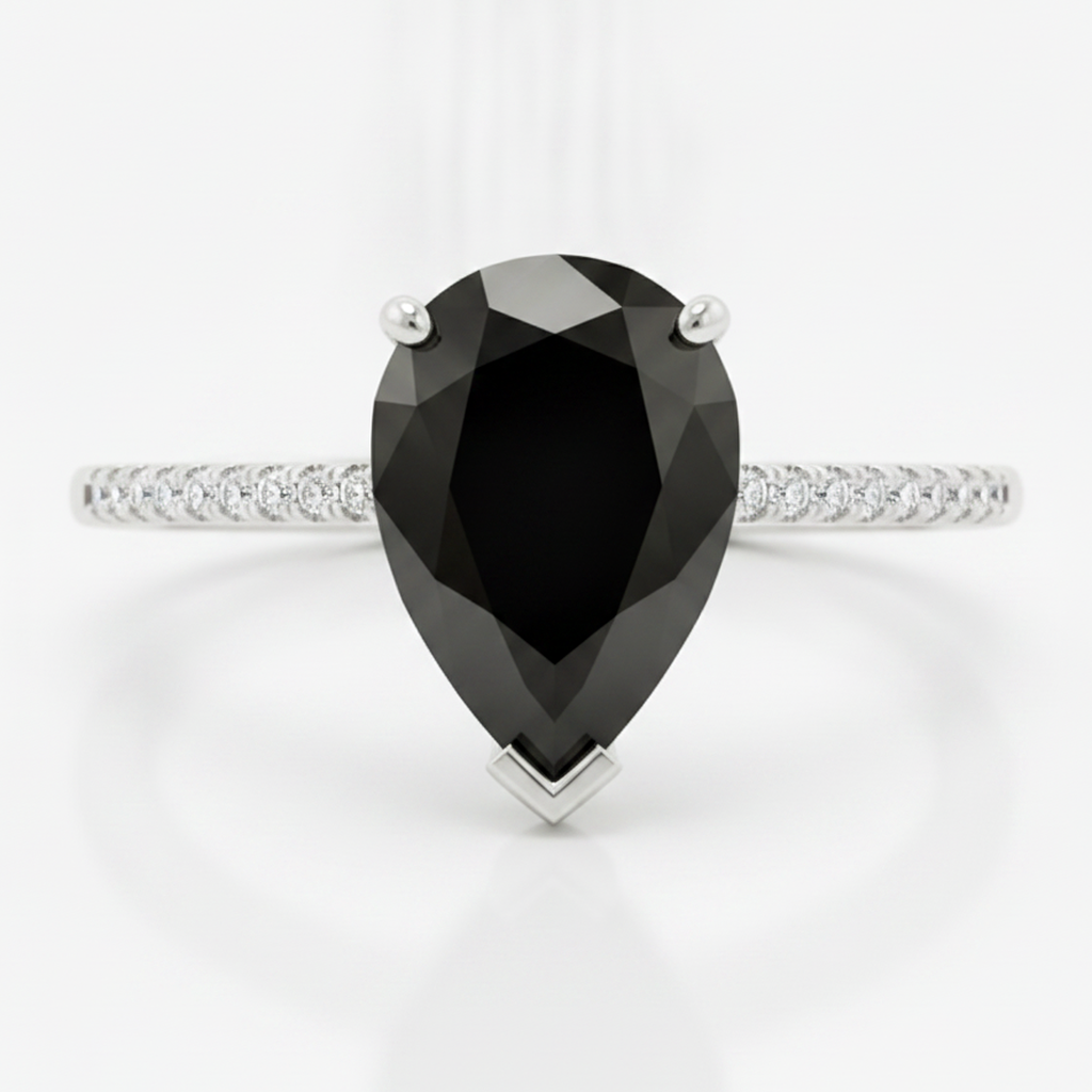 2 Carat Pear Black Diamond Solitaire Ring Natural 14K White Gold