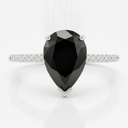 2 Carat Pear Black Diamond Solitaire Ring Natural 14K White Gold