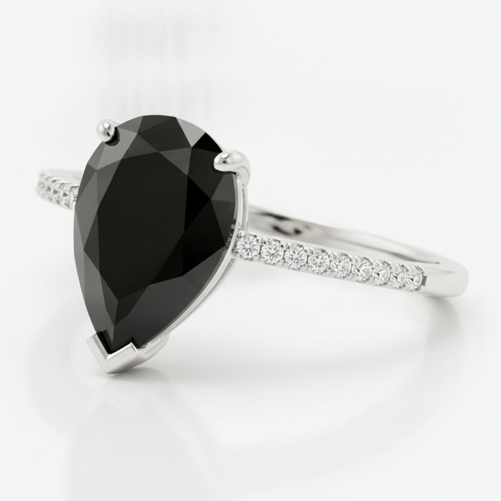 2 Carat Pear Black Diamond Solitaire Ring Natural 14K White Gold