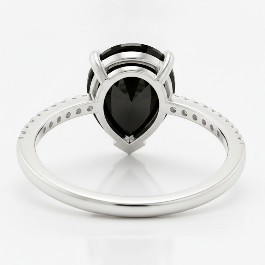 2 Carat Pear Black Diamond Solitaire Ring Natural 14K White Gold