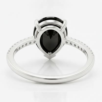 2 Carat Pear Black Diamond Solitaire Ring Natural 14K White Gold