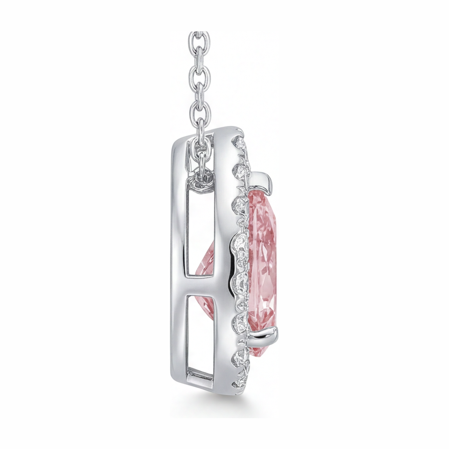 2 Carat Pear Pink Lab Grown Diamond and White Diamond Halo Pendant 14K White Gold