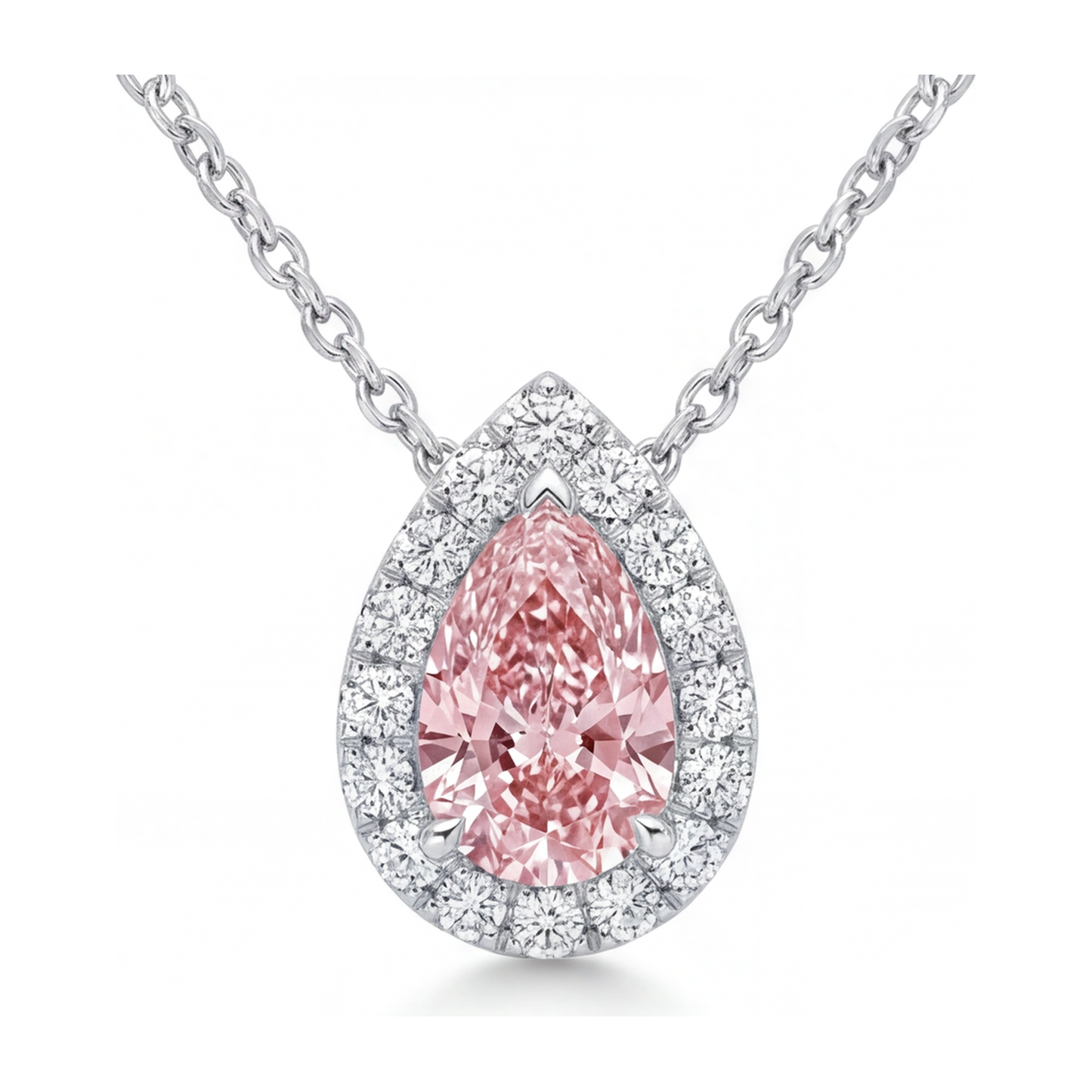 2 Carat Pear Pink Lab Grown Diamond and White Diamond Halo Pendant 14K White Gold