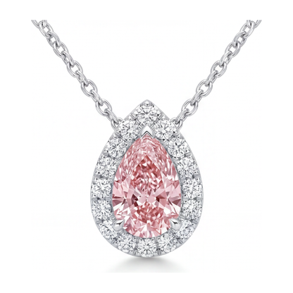 2 Carat Pear Pink Lab Grown Diamond and White Diamond Halo Pendant 14K White Gold