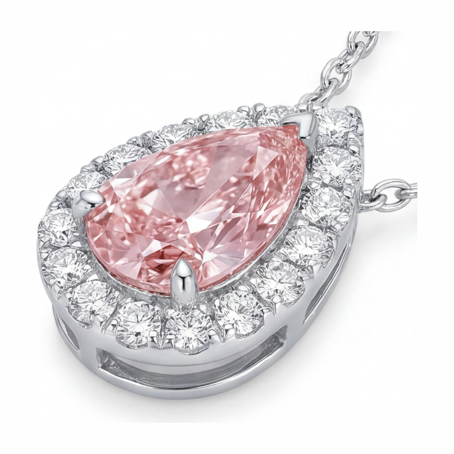 2 Carat Pear Pink Lab Grown Diamond and White Diamond Halo Pendant 14K White Gold