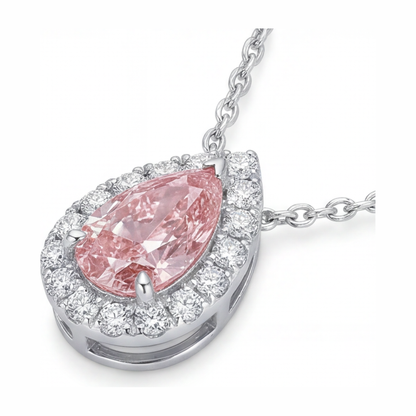 2 Carat Pear Pink Lab Grown Diamond and White Diamond Halo Pendant 14K White Gold