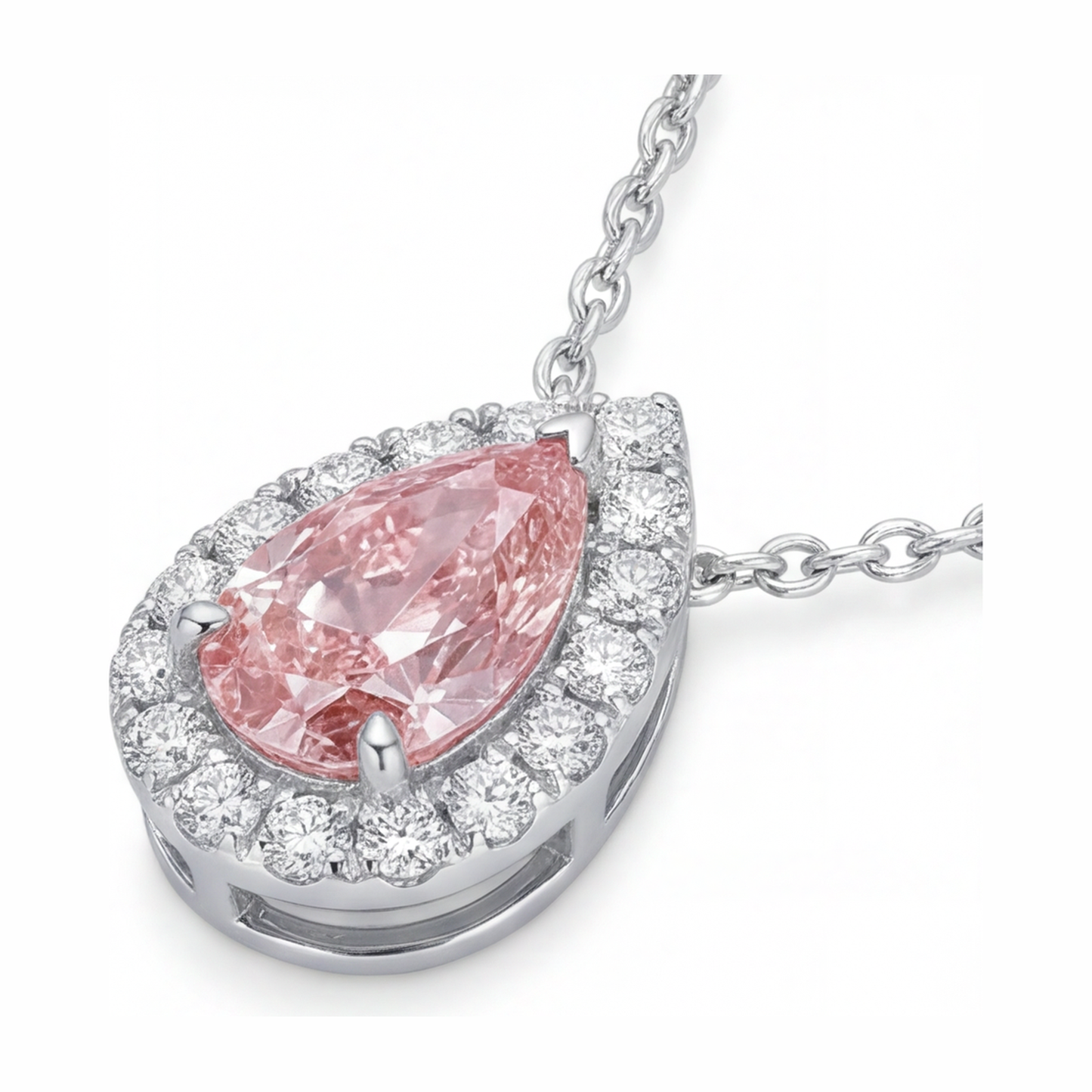 2 Carat Pear Pink Lab Grown Diamond and White Diamond Halo Pendant 14K White Gold