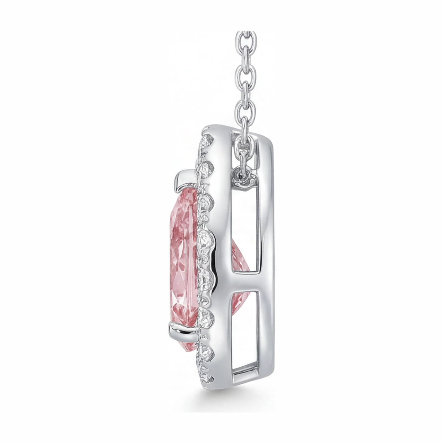 2 Carat Pear Pink Lab Grown Diamond and White Diamond Halo Pendant 14K White Gold