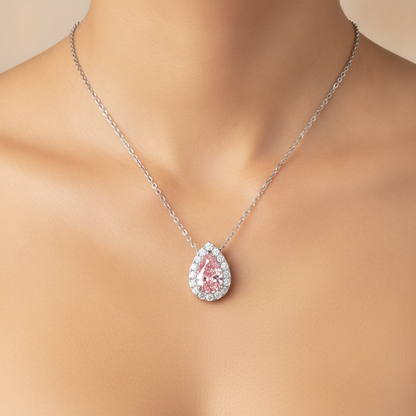 2 Carat Pear Pink Lab Grown Diamond and White Diamond Halo Pendant 14K White Gold worn