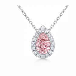 2 Carat Pear Pink Lab Grown Diamond and White Diamond Halo Pendant 14K White Gold