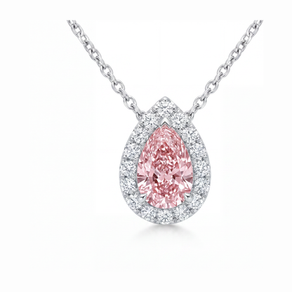 2 Carat Pear Pink Lab Grown Diamond and White Diamond Halo Pendant 14K White Gold