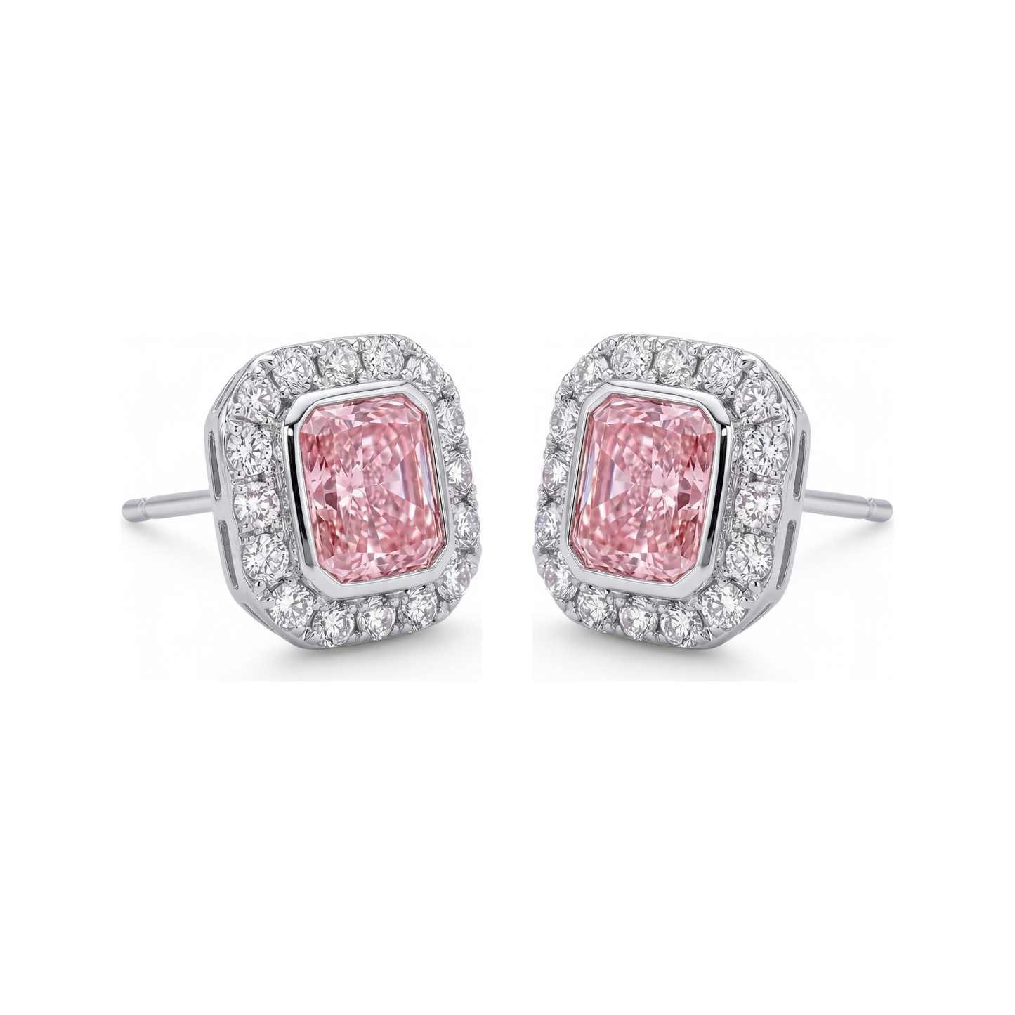 2 Carat Radiant Pink Lab Grown Diamond and White Diamond Halo Earrings 14K White Gold