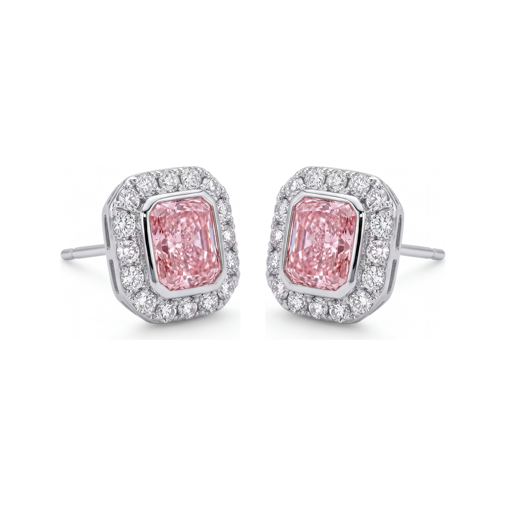 2 Carat Radiant Pink Lab Grown Diamond and White Diamond Halo Earrings 14K White Gold