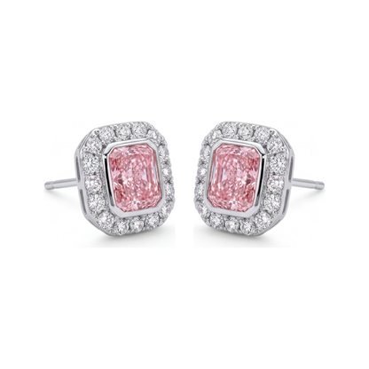 2 Carat Radiant Pink Lab Grown Diamond and White Diamond Halo Earrings 14K White Gold