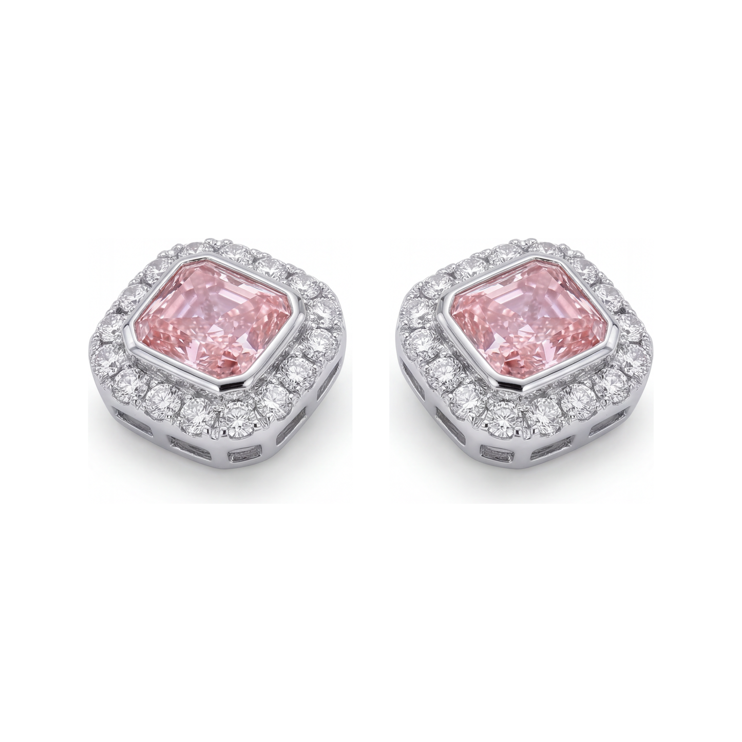 2 Carat Radiant Pink Lab Grown Diamond and White Diamond Halo Earrings 14K White Gold