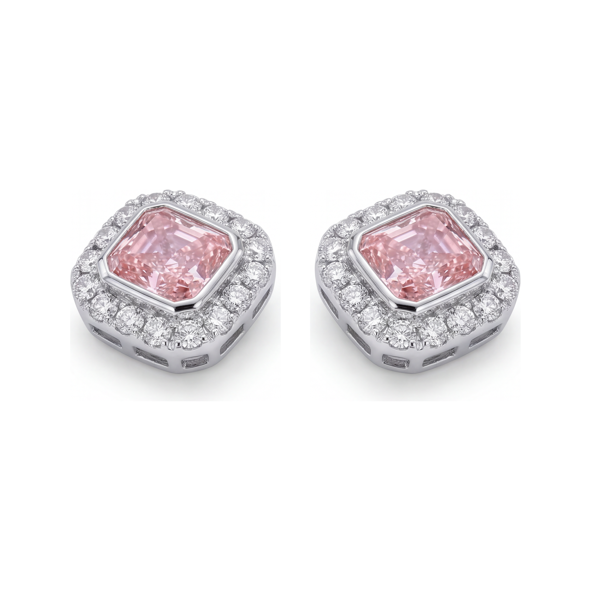 2 Carat Radiant Pink Lab Grown Diamond and White Diamond Halo Earrings 14K White Gold