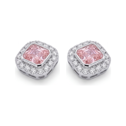 2 Carat Radiant Pink Lab Grown Diamond and White Diamond Halo Earrings 14K White Gold